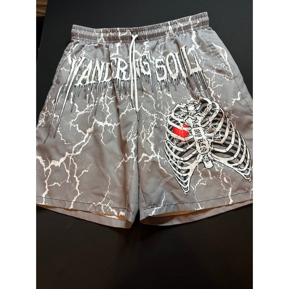 Romwe Wandering Soul Graphic Shorts Grey Lightning Marble Rib Cage Heart Small